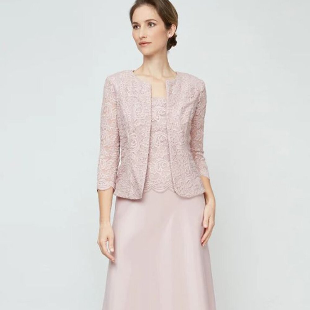 NWT Alex Evenings Lace & Satin A-Line Gown with Jacket in Blush , Size 12